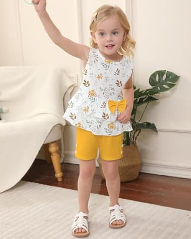 YUEMION Toddler Girl Clothes, 2Pcs Baby Girl Summer Outfits Sleeveless Bow Knot Tank Shirts Tops + Shorts Clothing Sets(Flowers+ Bright yellow, 4-5T) - Image 3