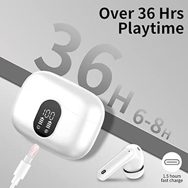 Wireless Earbuds Bluetooth 5.4 Headphones Bass Stereo Ear Buds with Noise Cancelling Mic LED Display in Ear Earphones IP7 Waterproof 36H Playtime for Laptop Pad Phones Sports Workout White - Image 7