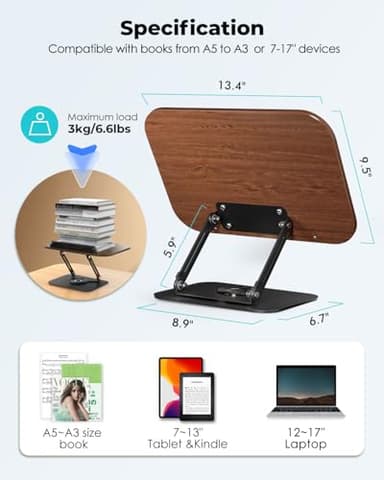 Viozon Book Stand for Reading,Book Holder, Height&Angle Adjustable, 360° Rotating Base, Foldable and Portable, Lightweight for Office, Kitchen, School Textbook, Recipe, Magazine,Kindle,Tablet DW - Image 4