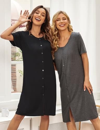 Ekouaer Nightgowns for Women 2 Pack Button Down Sleepshirt Short Sleeve Nightshirt Soft Sleepwear V Neck Pajama Dress Black, Light Grey - Image 2