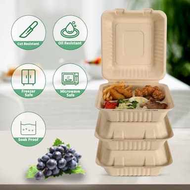 Aricsen 50 Pack 3 Compartment Compostable 8x9 Inch Takeout Lunch Box Containers with Lid To Go Take Out Clamshell for Food, Disposable Eco-Friendly Biodegradable Bagasse, PFAS-Free, Brown - Image 4