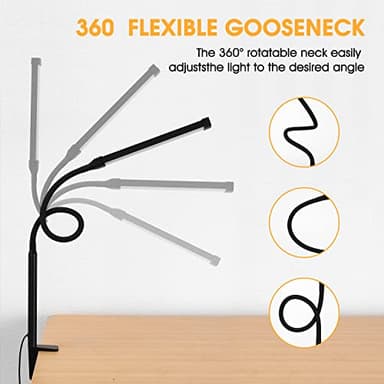 Voncerus LED Desk Lamp with Clamp, Eye-Caring Clip on Lights for Home Office, 3 Modes 10 Brightness, Long Flexible Gooseneck, Metal, Swing Arm Architect Task Table Lamps with USB Adapter, Black - Image 3