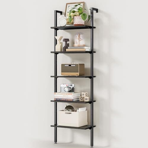 ODK 5-Tier Ladder Bookcase, Industrial Storage Shelf with Metal Frame for Living Room, Home Office, Kitchen & Bedroom, Space Saving Freestanding Organizer Rack, Black (8" D x 16" W x 74" H) - Image 1