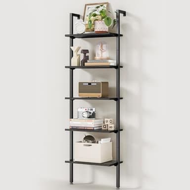 ODK 5-Tier Ladder Bookcase, Industrial Storage Shelf with Metal Frame for Living Room, Home Office, Kitchen & Bedroom, Space Saving Freestanding Organizer Rack, Black (8" D x 16" W x 74" H) - Image 1