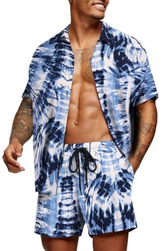 COOFANDY Men's Hawaiian Vintage Shirt Short Sleeve Casual Button Down Shirt Summer Beach 2 Piece Short Set Boat Attire - Image 1