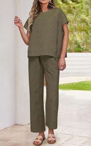 PRETTYGARDEN 2 Piece Outfits For Women Casual Tracksuit Short Sleeve Tops And Wide Leg Long Pants Matching Lounge Sets(Army Green,Large) - Image 3