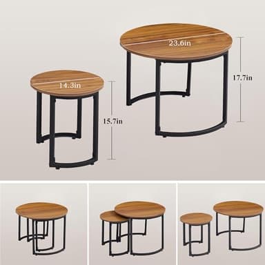 VECELO Nesting Coffee Table Set of 2, Wood Round Side Tables with Adjustable Non-Slip Feet, for Living Room, Brown - Image 2
