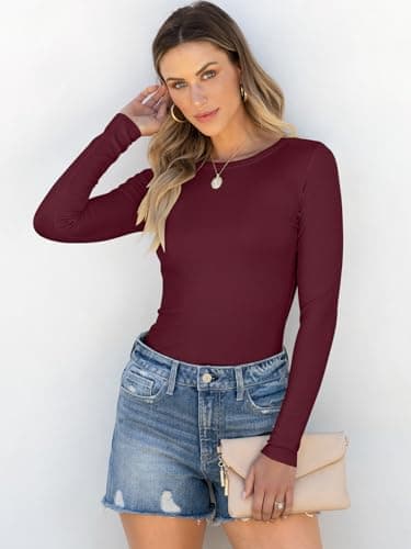 ANRABESS Women Long Sleeve Shirts Rib Knit Slim Fit Tops Basic Tee 2025 Fall Outfits Casual T-Shirt Underscrubs Layer Clothes Deep Red Large - Image 3