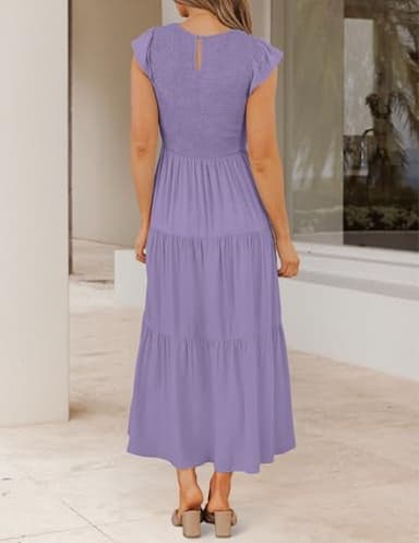 ZESICA Women's 2025 Summer Casual Flutter Short Sleeve Crew Neck Smocked Elastic Waist Tiered Midi Dress,Violet,Small - Image 3