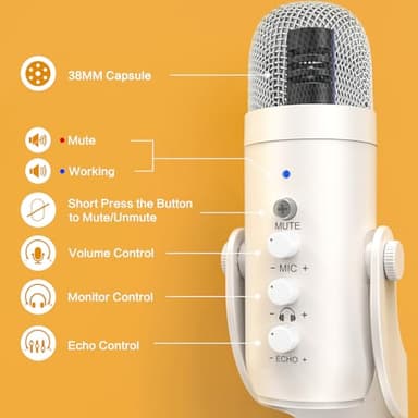 ZealSound USB Microphone,Quick Mute Noise Cancel for Phone Computer PC PS5,Gaming Microphone with Gain Control,Echo Monitor Volume Adjust for Streaming Vocal Recording ASMR Podcast Video K66 White - Image 4