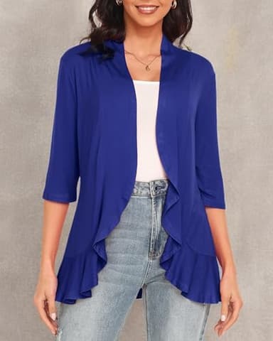 Argstar 3/4 Sleeve Cardigan for Women, Lightweight Open Front Casual Soft Draped Ruffles Royal Blue M - Image 6