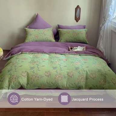 VM VOUGEMARKET Linen Cotton Jacquard Duvet Cover Queen,3 Pcs Yarn-Dyed Textured Duvet Cover Set Green Purple Floral Bedding Breathable, Natural Wrinkled Look-No Comforter - Image 4