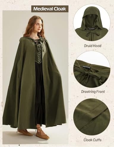 Scarlet Darkness Women Renaissance Hooded Cape Medieval Cloak Hobbit Halloween Costume Olive Green - Image 2