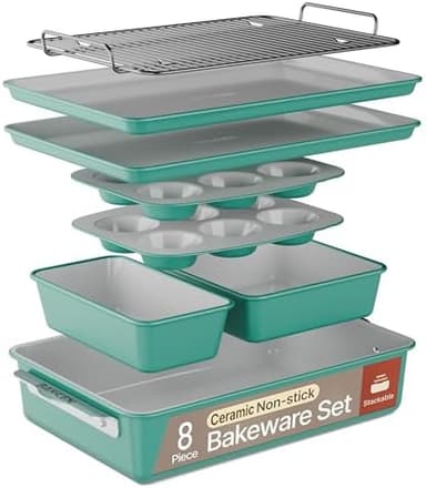 Bakken 8-Piece Stackable Bakeware Set - Ceramic Non-Stick Coating, Baking Sheets, Assorted Baking Pans, PTFE, PFOA & PFOS Free - Healthy Baking, Ergonomic Handles, Cooling Rack, Non-Toxic, Oven-Safe - Image 3