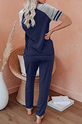 AUTOMET 2 Piece Lounge Sets For Women Summer Pajamas Two Piece Set Travel Outfits Lingerie Sleep Loungewear Matching Clothing Navy Blue L - Image 3