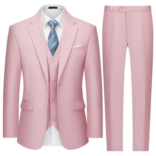 MAGE MALE Mens Two Button 3-Piece Suits Slim Fit Tuxedo Set with Blazer Jacket Vest & Pants for Wedding Prom Business Light Pink - Image 1