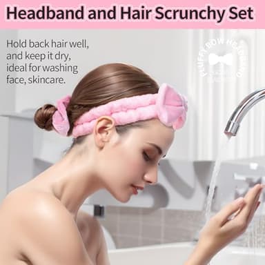 LEOBRO Spa Headband for Skin Care and Makeup, Women Teen Girls Hair Band Headbands for Washing Face, With Hair Scrunchies (Pink & Creamy White & Black) - Image 2