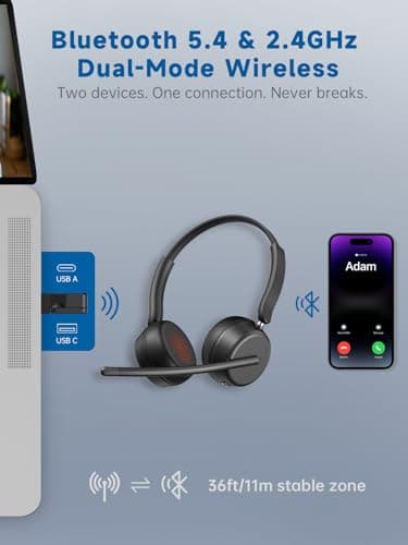 SEJJ Wireless Headset with Mic for Work, Bluetooth 5.4 Headphones with AI Noise-Canceling Mic for Clear Calls, Wireless Headsets with Mic Mute & USB A/C Dongle for PC, Computer, Laptop, Black - Image 2