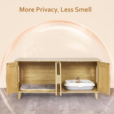 Homhedy Boho Cat Litter Box Enclosure for 2 Cats, Wooden Cat Washroom Furniture with Double Rattan Decorated Doors, Pet House,47.2”L x 19.7”W x 21.7”H, Natural - Image 2