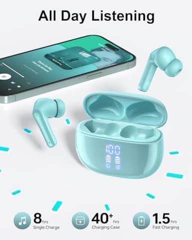 JGUG Wireless Earbuds, Bluetooth 5.3 Ear Buds, Headphones with Clear Stereo Sound, 40H Playtime with LED Digital Display, IPX7 Waterproof Earphones Built-in Mic for Phone Tablet Sports Workout, Jade - Image 5