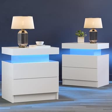Cubehom White LED Nightstand Set of 2,Modern Night Stand Set 2,Multi-Color LED Light Strip,Slient Slide Drawer,Large Capacity Storage,Small Space Solution,Bedside Table for Bedroom,White - Image 1