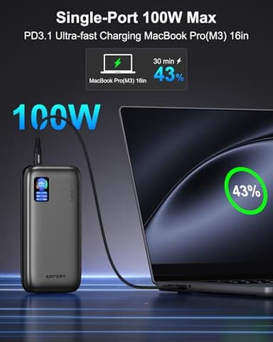 AsperX Laptop Power Bank,24,000mAh 145W PD 3.1 Fast Charging Portable Charger, TFT Smart Display USB C Battery Pack(86.4Wh) for MacBook/iPhone 17/Dell XPS/Galaxy S25/Steam Deck/ipad (Flight-Approved) - Image 2