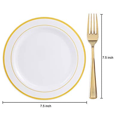 I00000 144 Small Plastic Dessert Plates Set Include 72 Pcs Gold Dessert Plates 7.5" with 72 Pcs Forks 7.5",Disposable Cake Plate,Fancy White Gold Plastic Small Plates for Party - Image 3