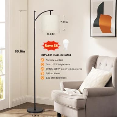Ambimall 60" Floor Lamp with Remote Control and Stepless Dimmable Bulb, Colors Temperature & Brightness Adjustable, Modern Floor Lamps for Living Room（Beige Shade & Black Pole） - Image 2