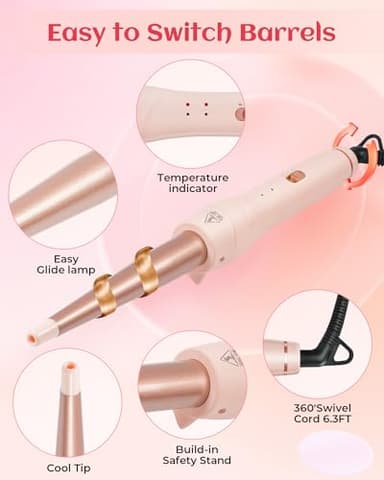 ANIEKIN 5 in 1 Curling Iron Set, Fast Heat Up Curling Wand from 3/8 to 1 1/4 Inch and a Thermal Brush Come with, Dual Voltage Hair Curler for Women All Hair Types and Travel Use, Gifts for Women,Pink - Image 6