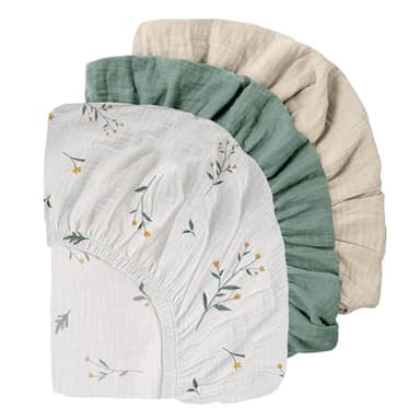Gllquen Baby Muslin Mini Crib Sheets 3 Pack, Breathable Pack and Play Sheets Fitted Soft Cozy Cotton Pack N Play Sheets for Baby Boy Girls, Universal Fitted Mini Crib Mattresses 38"x26" (Green) - Image 1