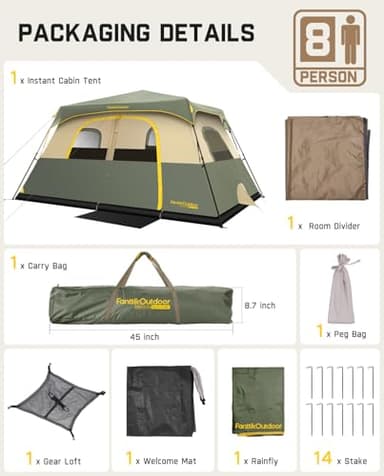 FanttikOutdoor Zeta C8 Pro Camping Tent 8 Person Instant Cabin Tent Setup in 60 Seconds with Rainfly & Windproof Portable with Carry Bag for Family Camping & Hiking, Upgraded Ventilation, Green - Image 7