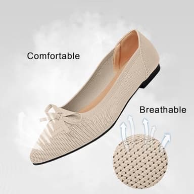 TINGRISE Women's Flats Pointed Toe Bow Knit Ballet Shoes Comfortable Dressy Mesh Slip On Flat Begie US9 Beige - Image 2