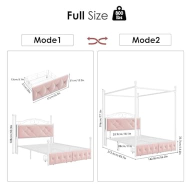 Full Upholstered Canopy Bed Frame with 2 Drawers & Crystal Tufted Storage Headboard Two-Purpose Metal Platform Bed with 4 Removable Posts & Charging Station Pink Princess Bed, Curtain Not Included - Image 2
