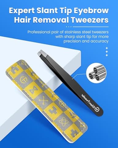 Expert Slant Tip Tweezers with Leather Case, GlamTweeler Sharp & Precision Stainless Steel Tweezer for Eyebrows, Facial Hair and Fine Hairs Removal (Black) - Image 2