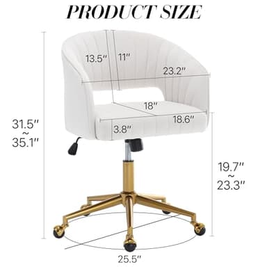 Home Office Chair Swivel Velvet Desk Chair Accent Armchair Upholstered Modern Tufted Chairs with Gold Base for Girls Women Ergonomic Study Seat Computer Task Stools for Living Room(Cream) - Image 3