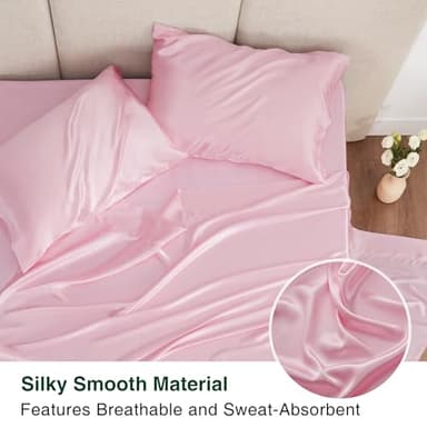 Love's cabin Satin Queen Sheets Set - 4 Piece Pink Silky Bed Sheets Set with Deep Pocket, Luxury Silk Feel Satin Queen Size Sheet Set (1 Flat Sheet,1 Fitted Sheet,2 Pillow Cases) - Image 3