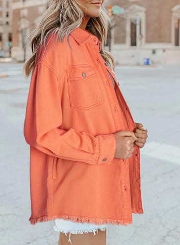 Dokotoo Jean Jacket Women Fashion Spring Summer Country Concert Outfits Casual Long Sleeve Denim Shirt Distressed Boyfriend Denim Jacket Shackets Western Jean Jacket Womens Clothing Orange Jackets XXL - Image 2