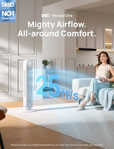 Dreo Tower Fan for Bedroom, 25ft/s Velocity Quiet Floor Fan, 90° Oscillating Fans for Indoors with 4 Speeds, 4 Modes, 8H Timer, Standing Fans, Bladeless Fan, White, Nomad One (DR-HTF007) - Image 2