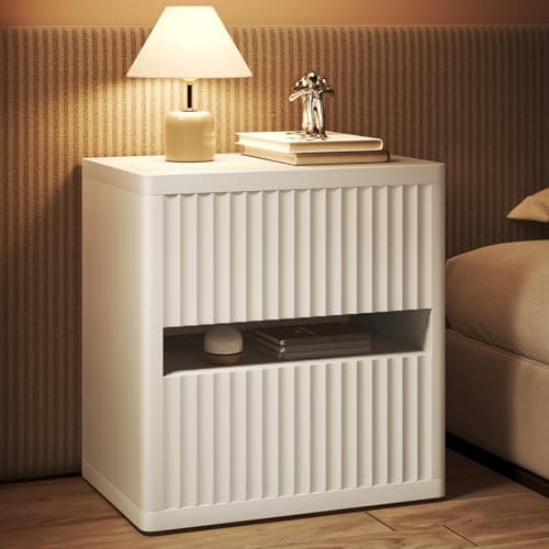 Dripex Fluted Nightstand with 2 Drawers, Large Wide Wood Night Stand Bedside Tables for Bedroom, Mid-Century Modern Storage Bed Side Table, End Tables for Living Room Sofa Couch, White, Set of 1 - Image 1