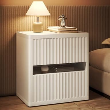 Dripex Fluted Nightstand with 2 Drawers, Large Wide Wood Night Stand Bedside Tables for Bedroom, Mid-Century Modern Storage Bed Side Table, End Tables for Living Room Sofa Couch, White, Set of 1 - Image 1