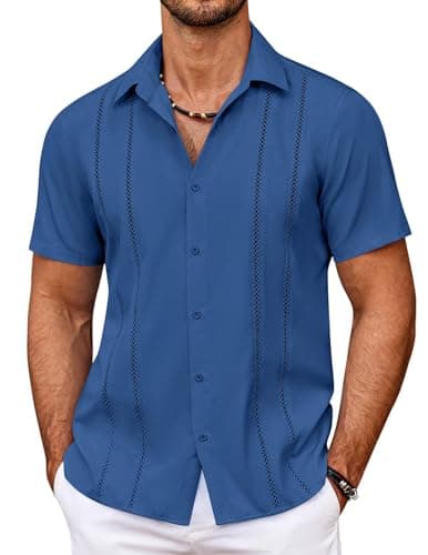 COOFANDY Men's Cuban Guayabera Shirt Summer Beach Vacation Shirt Casual Short Sleeve Button Down Resort Wear Dark Blue - Image 1