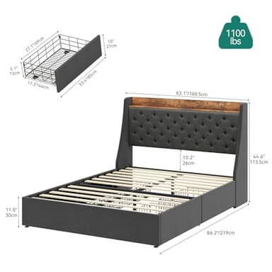 YITAHOME Queen Upholstered Platform Bed Frame with Wingback Headboard and 4 Storage Drawers, Built-in Outlets and USB Ports, Sturdy Wood Slats, No Box Spring Needed - Gray - Image 2