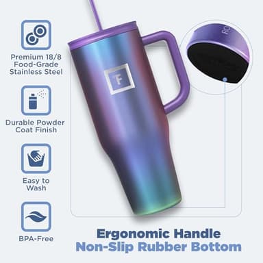 IRON °FLASK Co-Pilot Insulated Mug w/Straw & Flip Cap Lids - Cup Holder Bottle for Hot, Cold Drink - Leak-Proof - Water, Coffee Portable Travel Mug - Dark Rainbow, 40 Oz - Image 5