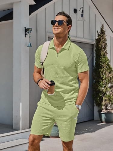 PLEPAN Polo Suits for Men 2 Piece Outfits Polo Shirts for Men Short Sleeve Sets Waffle Shirts Workout Shorts Summer Outfits Light Green XXL - Image 3