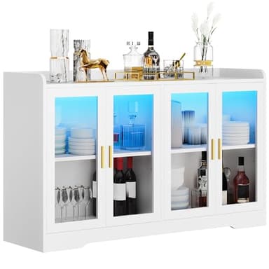 YITAHOME Home Bar Cabinet w/LED Light, 55" Liquor Cabinet with 4 Doors, Coffee Bar Cabinet with Adjustable Shelves, Wine Cabinet for Kitchen, Living Room, White - Image 8