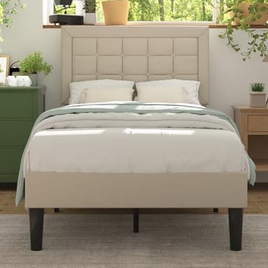 VECELO Twin Size Bed Frame with Adjustable Headboard, Upholstered Button Tufted Platform Bedframe with Wood Slats Support, No Box Spring Needed, Beige - Image 3