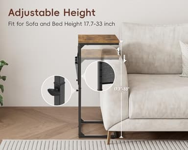 Vagusicc C Shaped End Table with Charging Station, 33" Tall Side Table for Couch, Sofa Table Adjustable Height Small Couch Side C Table, Slide Under Sofa Tray Arm Table for Living Room, Bedroom, Brown - Image 5