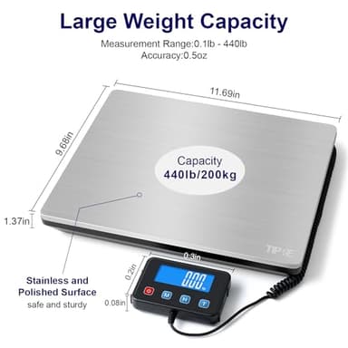 TIPRE Digital Shipping Postal Scale 0.5 oz High Accuracy! 440lb Commercial Weight Scale for Package, Small Business, Mail, Warehouse, Home, Battery & Charging Cable Included - Image 2