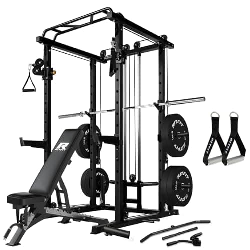 RitFit Multi-Function Garage & Home Gym Package Includes 1000LBS Power Cage PPC03 with Cable Crossover System, Weight Bench, Olympic Barbell Weight Set, Full Body Workout-BLK,Bumper Plate 230lbs - Image 1