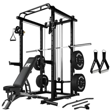 RitFit Multi-Function Garage & Home Gym Package Includes 1000LBS Power Cage PPC03 with Cable Crossover System, Weight Bench, Olympic Barbell Weight Set, Full Body Workout-BLK,Bumper Plate 230lbs - Image 1